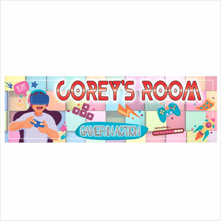 personalized kids gaming room sign with VR gamer and colorful icons