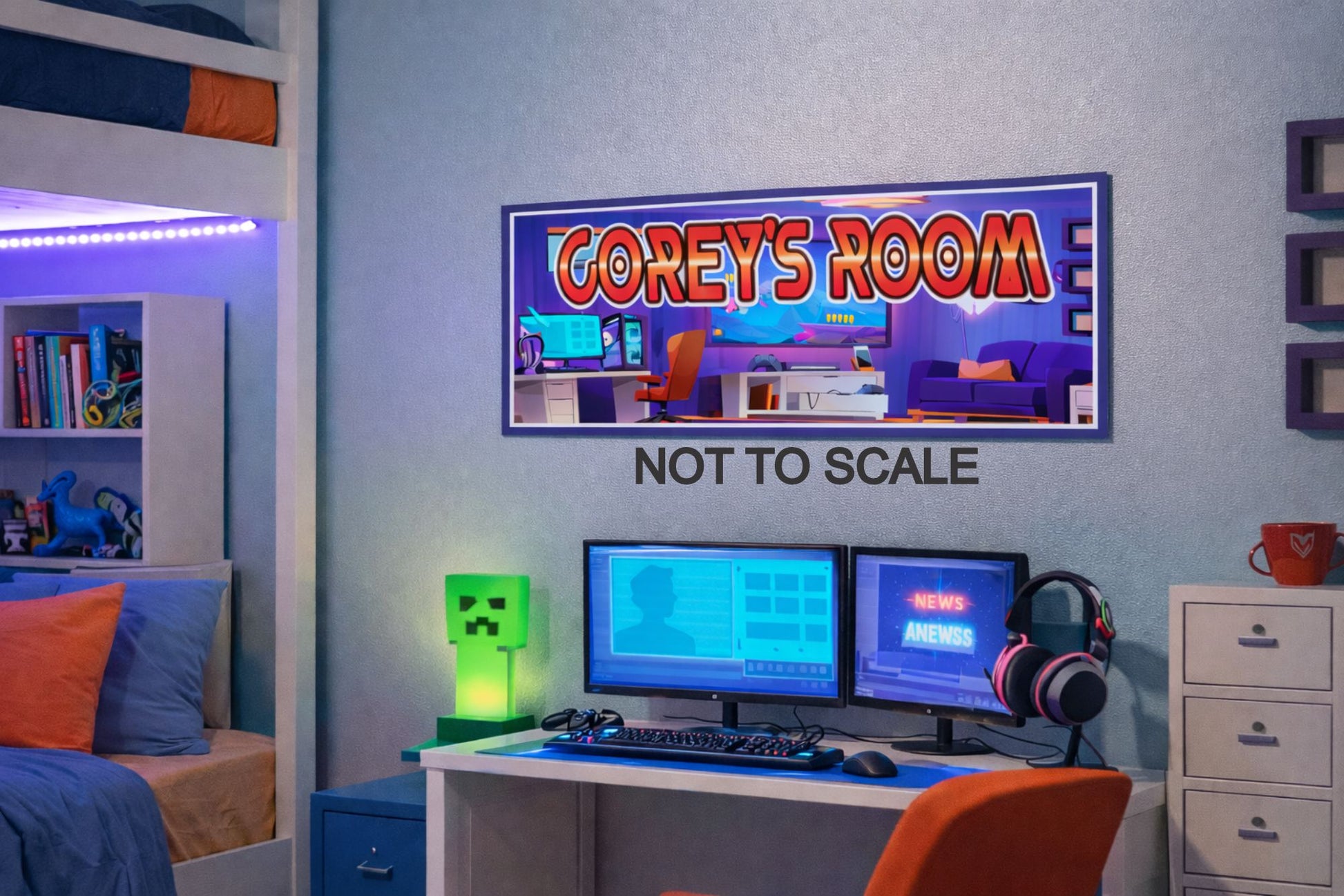 custom kids gaming room wall sign displayed above a playful bedroom setup