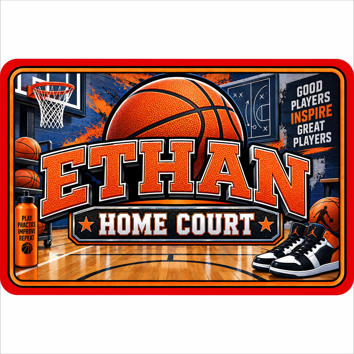 Personalized basketball kids room sign with custom child’s name, Home Court tagline, basketball, hoop, court and sneakers.