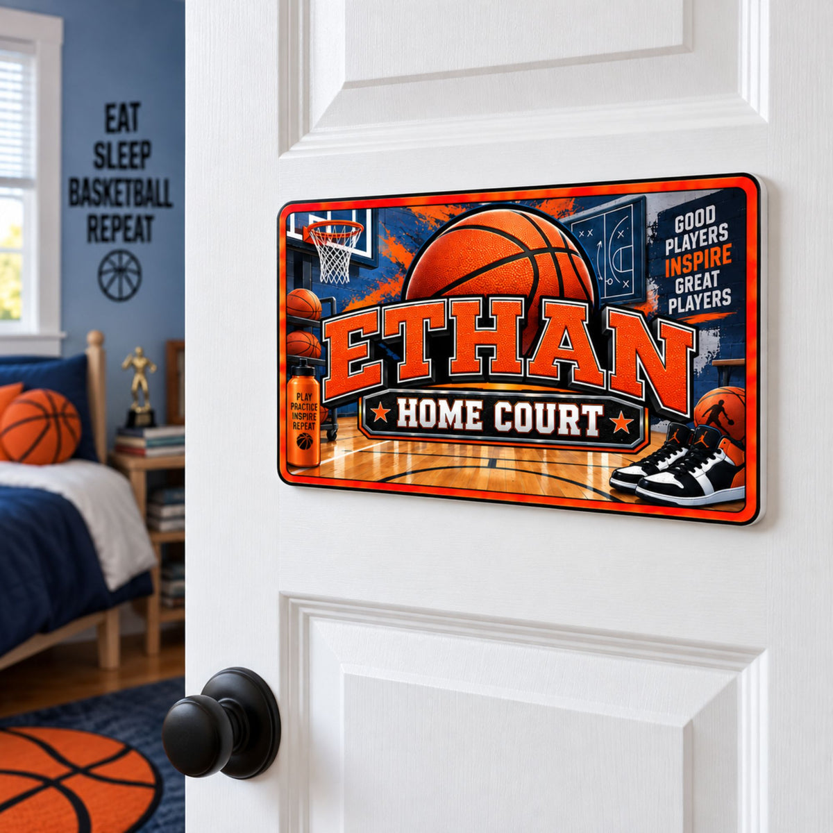 Personalized basketball sign displayed on a child’s bedroom door with basketball-themed room decor.