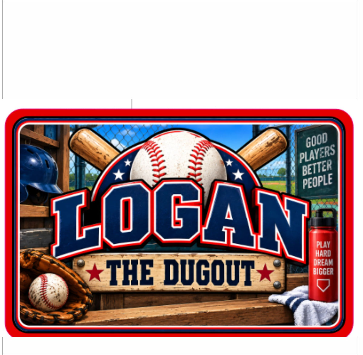 Personalized baseball kids’ room sign with varsity name lettering, a baseball, crossed bats, glove, helmet, and The Dugout banner in red, white, and navy.