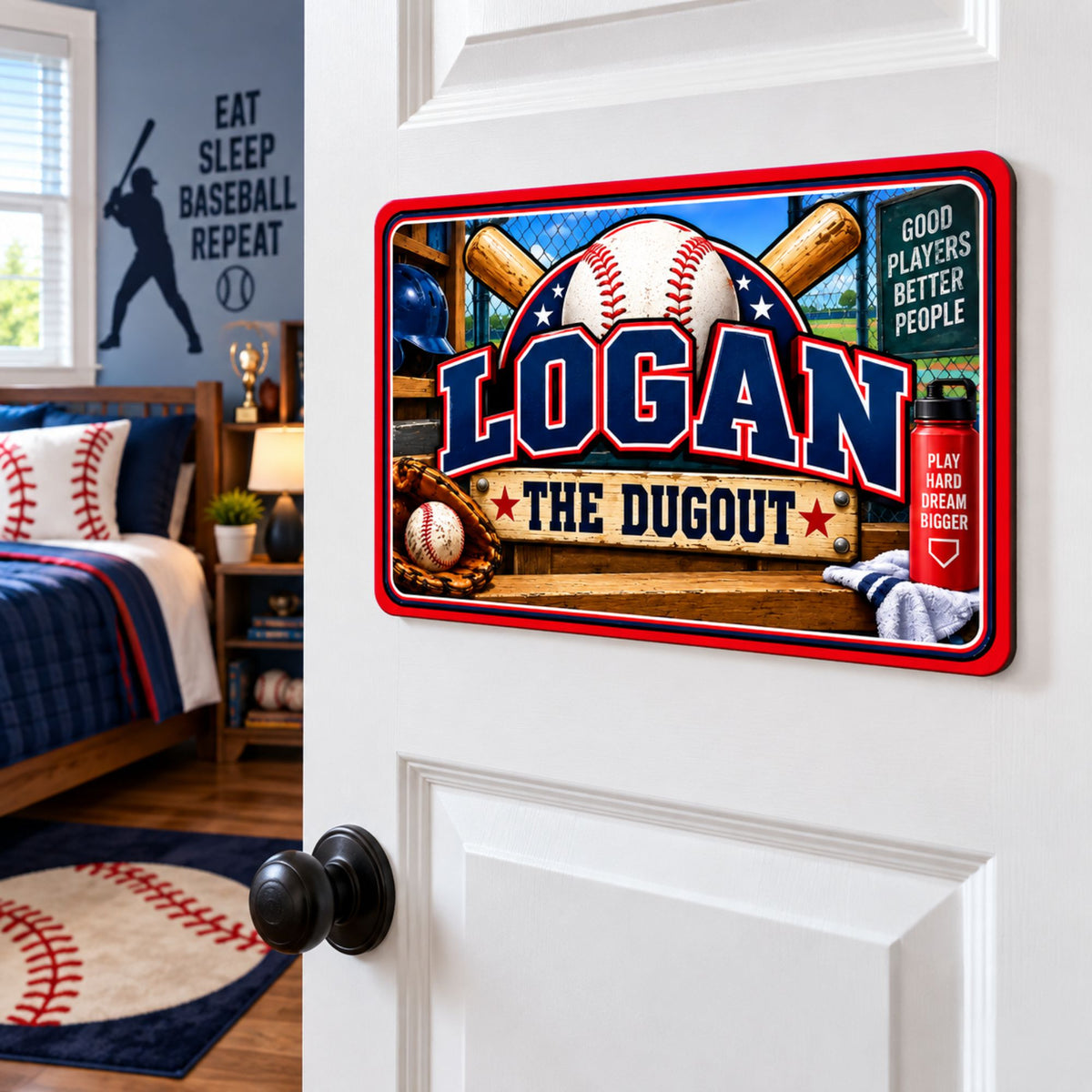Personalized baseball Dugout sign displayed on a white bedroom door with a coordinating baseball-themed room visible behind it.