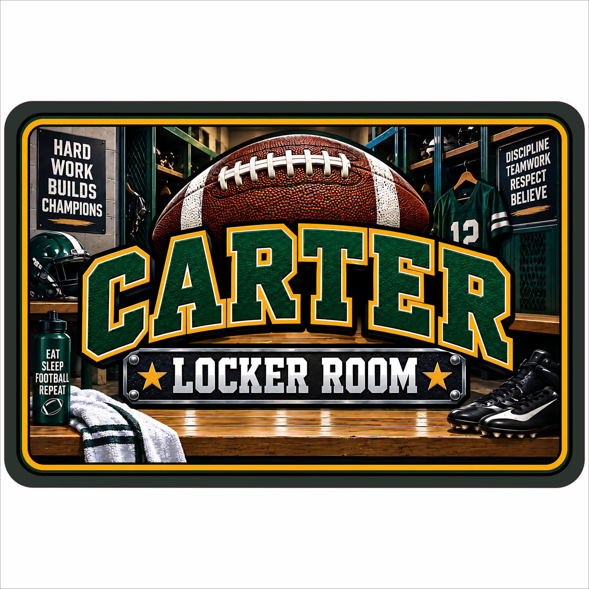 Personalized football kids’ room sign with green-and-gold varsity name lettering, a football, helmet, jersey, cleats, and Locker Room banner.