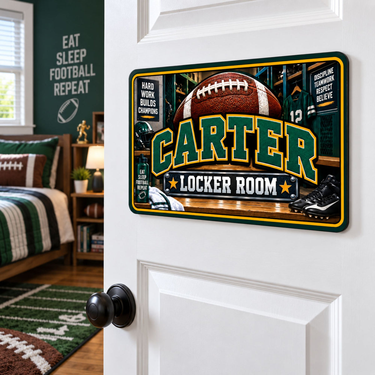 Personalized football Locker Room sign on a white bedroom door with a coordinating green football-themed room visible behind it.