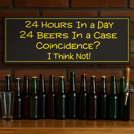 Funny beer bar sign displayed above bottles on brick wall bar setting