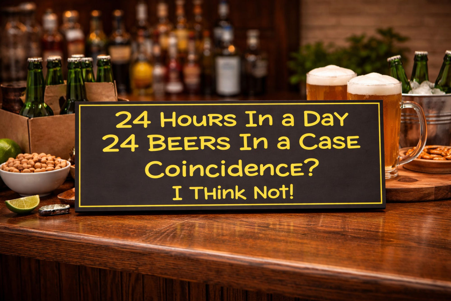 funny bar sign on wooden bar with beer bottles and snacks 16x5 size