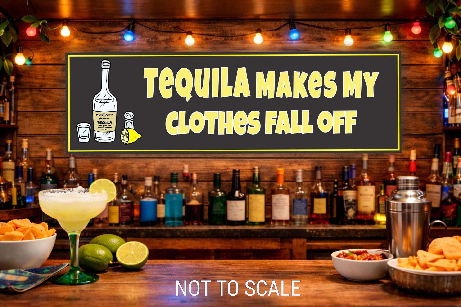 Funny tequila bar sign displayed on a wood wall behind a home bar with bottles and glassware
