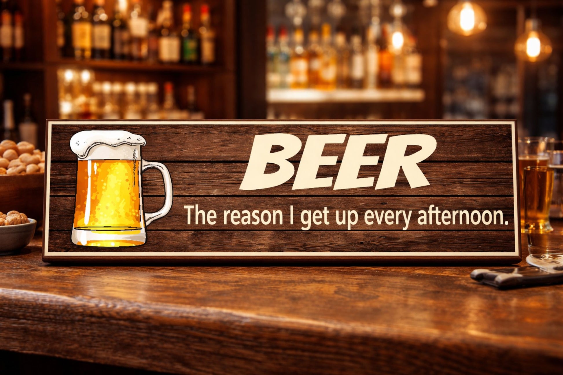 beer humor sign displayed on bar top with drinks and warm lighting