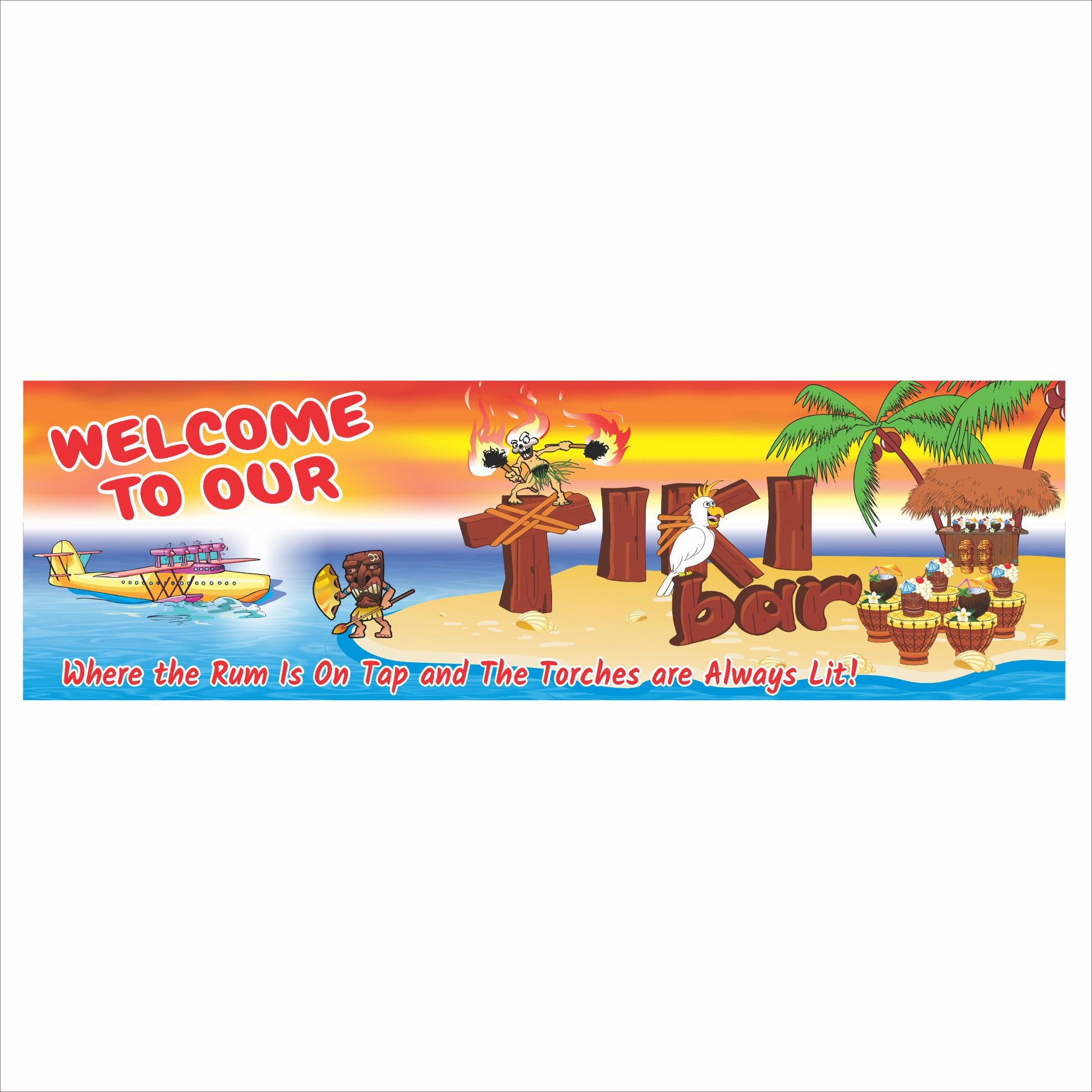 Tiki bar wall sign with tropical beach scene, palm trees, torches, and ocean background displayed horizontally