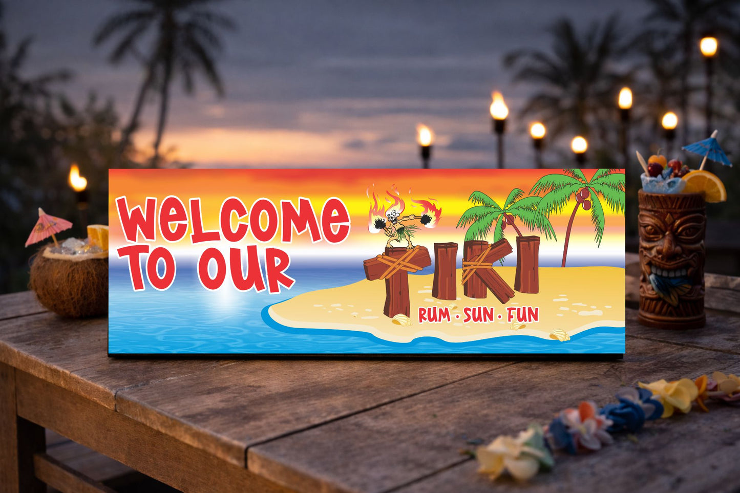 tiki bar sign on wooden bar top with tropical drinks and warm island lighting