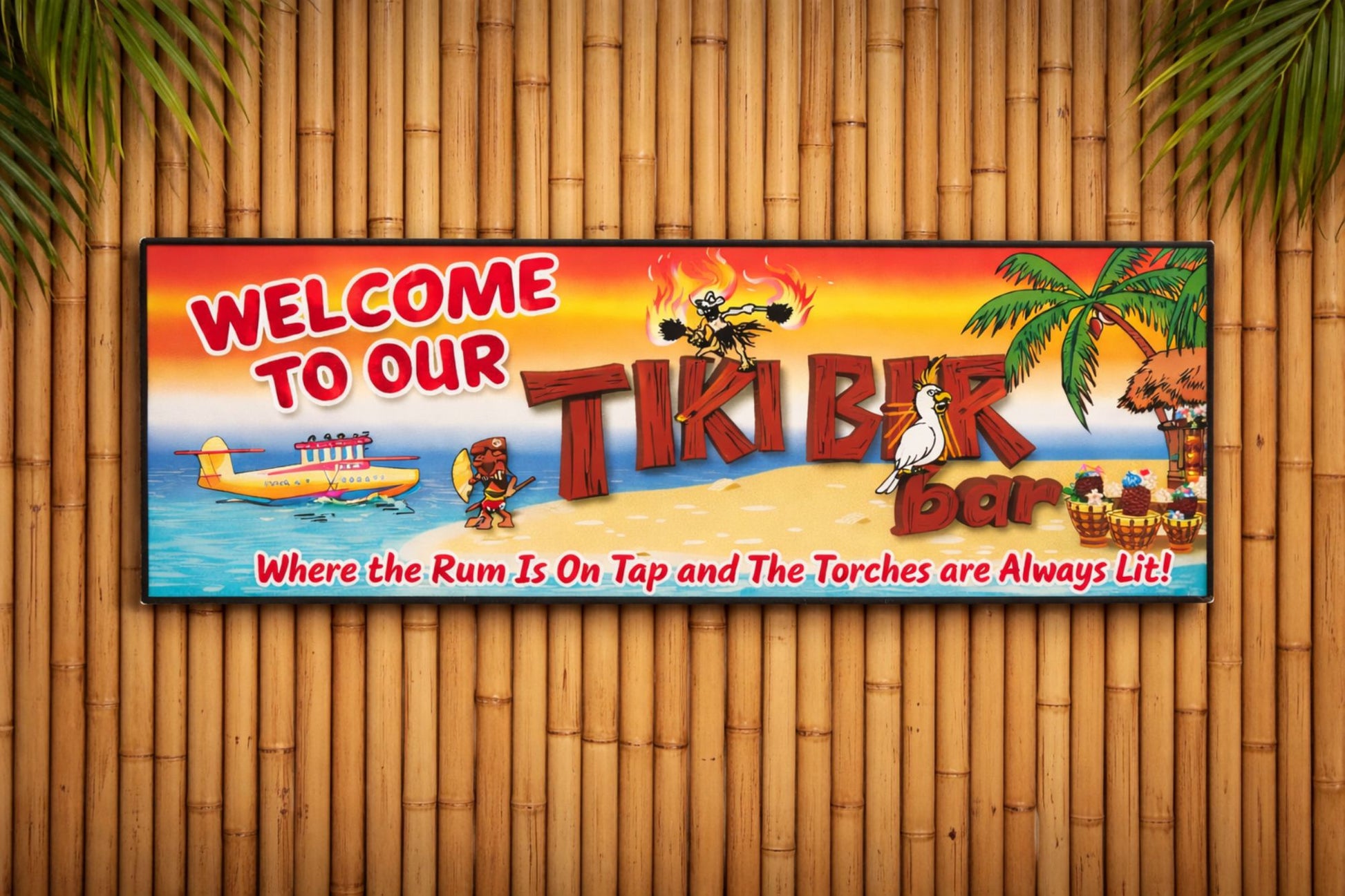 Tiki bar sign mounted on bamboo wall in tropical bar setting with warm lighting and island decor