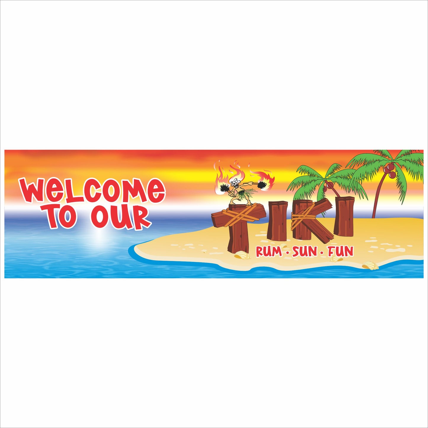 close up of welcome to our tiki sign with fire dancer and palm tree design