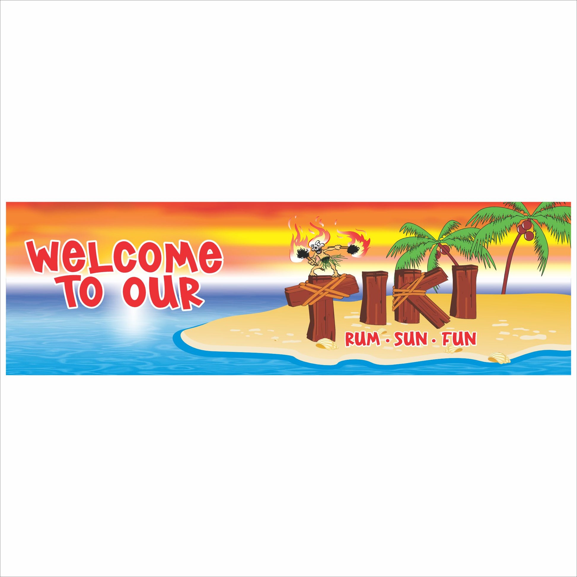close up of welcome to our tiki sign with fire dancer and palm tree design