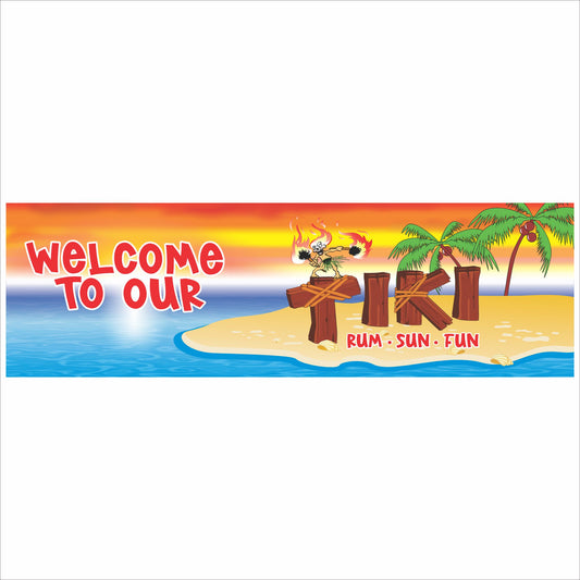 close up of welcome to our tiki sign with fire dancer and palm tree design