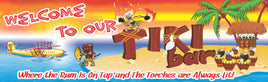 Tiki bar novelty sign with tropical beach scene, tiki hut, palm trees, fire dancer, airplane, and bold island-style lettering