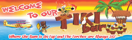 Tiki bar novelty sign with tropical beach scene, tiki hut, palm trees, fire dancer, airplane, and bold island-style lettering