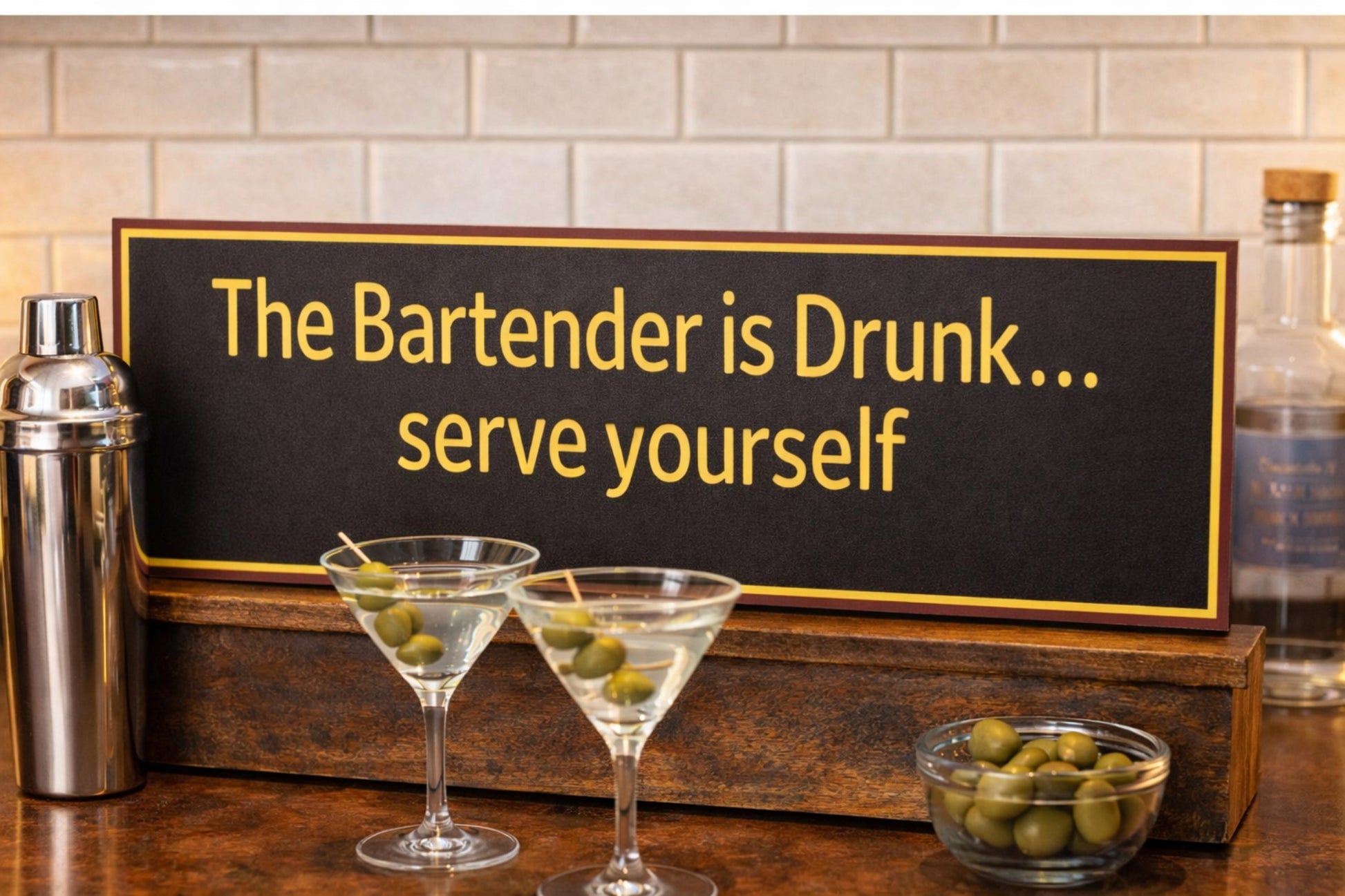 Bartender humor sign resting on a bar top with martini glasses, cocktail shaker, and olives in a home bar setting
