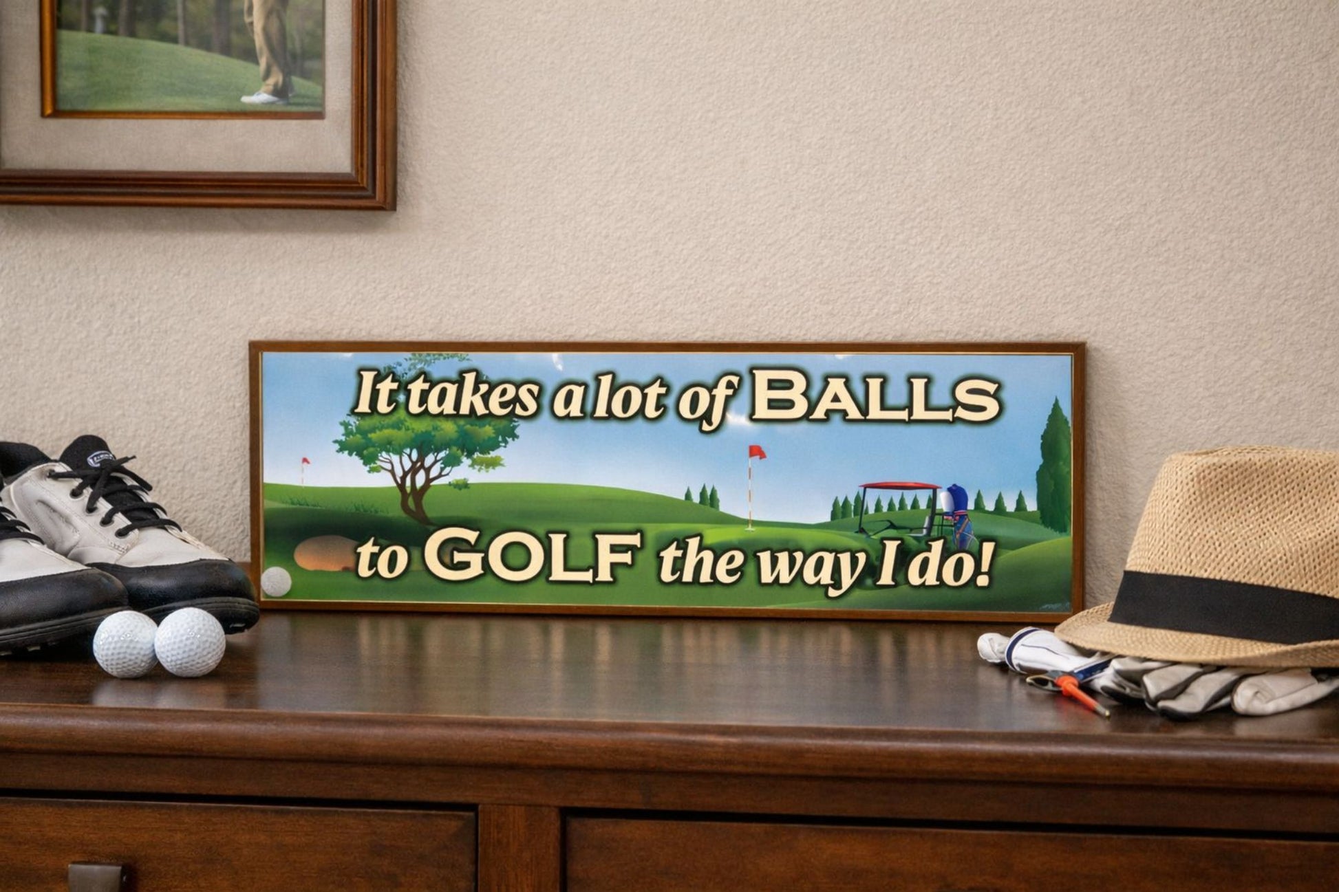 funny golf sign on table with golf shoes balls and hat