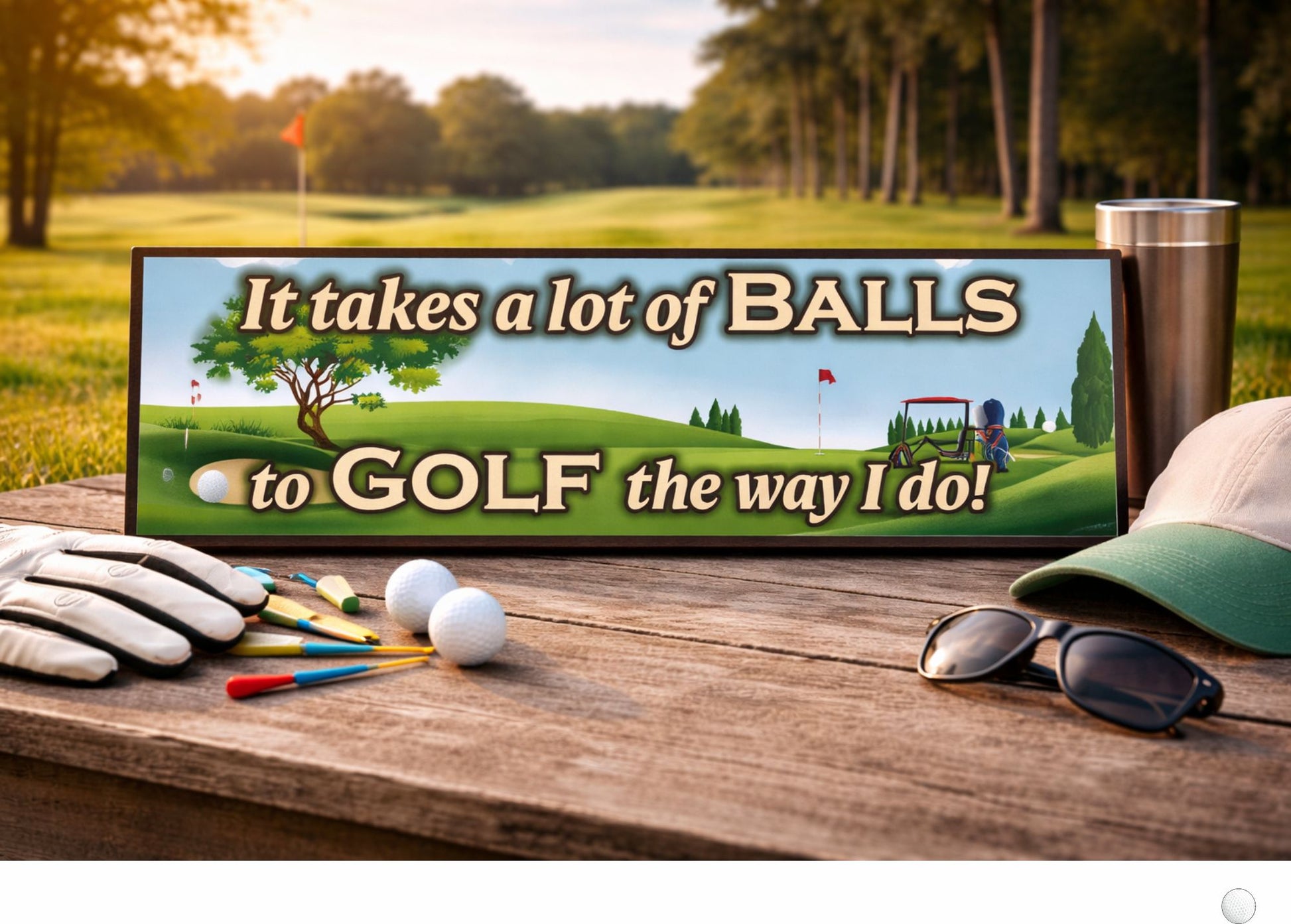 funny golf sign it takes a lot of balls quote displayed on wooden table with golf accessories