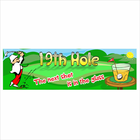 19th Hole bar sign with cartoon golfer and phrase the next shot is in the glass on black background