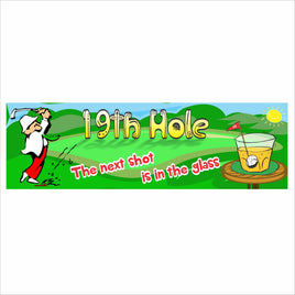 19th Hole bar sign with cartoon golfer and phrase the next shot is in the glass on black background