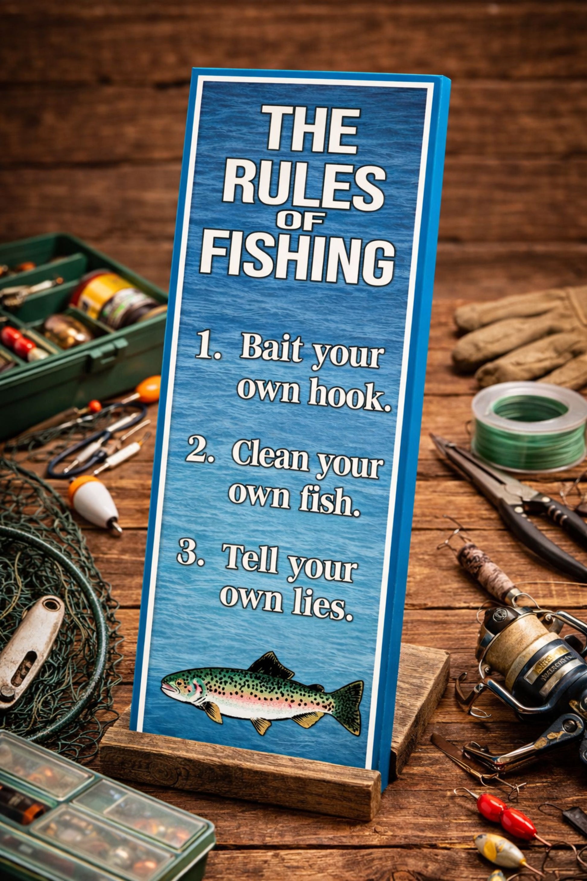 vertical fishing decor sign displayed on table with fishing gear and tackle