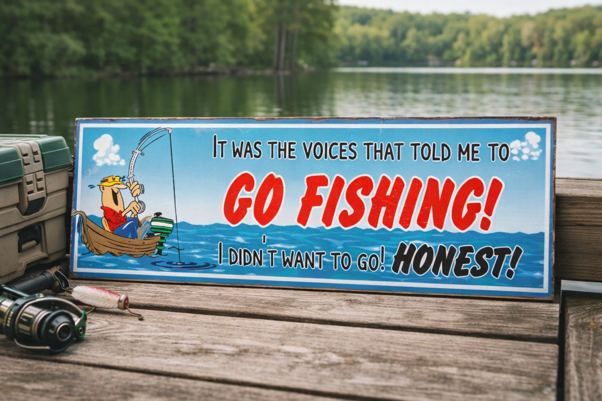 fishing humor sign displayed on wooden dock near lake lifestyle image