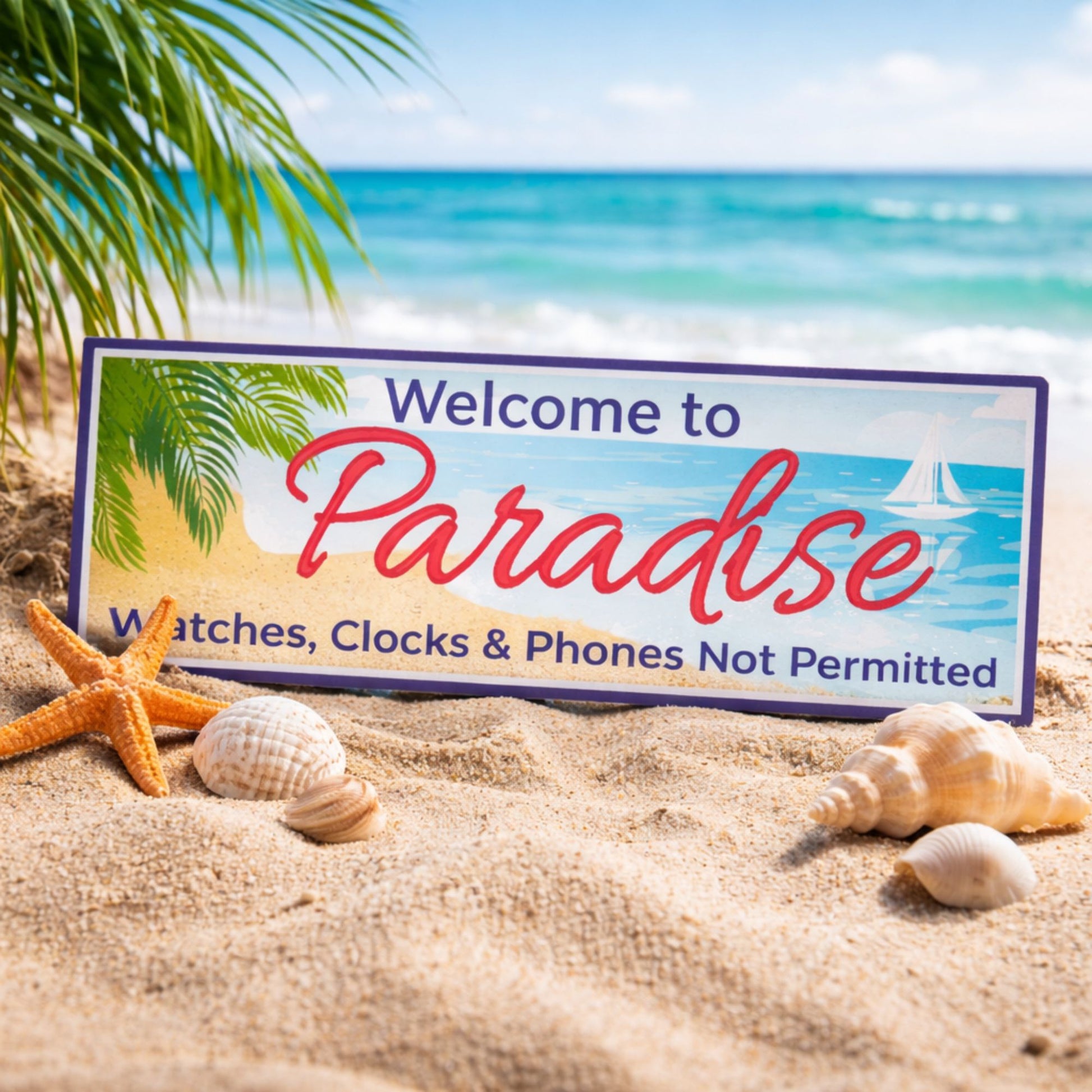 Beach lifestyle image of small coastal sign placed in sand with seashells and starfish near ocean water