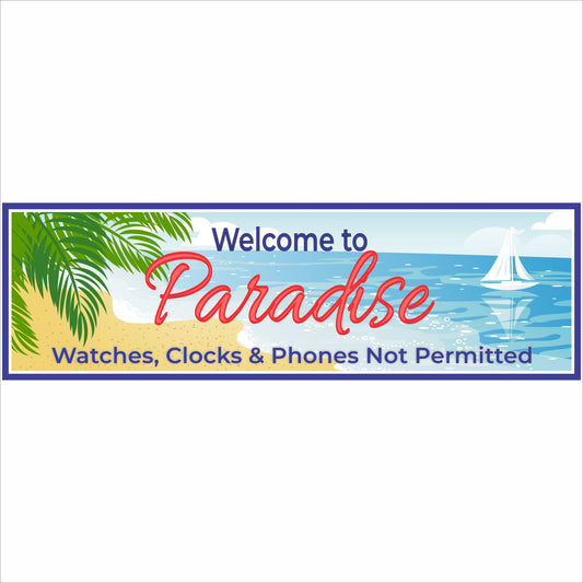 Close-up image of coastal Paradise sign with palm tree ocean waves sailboat and relaxing beach message design