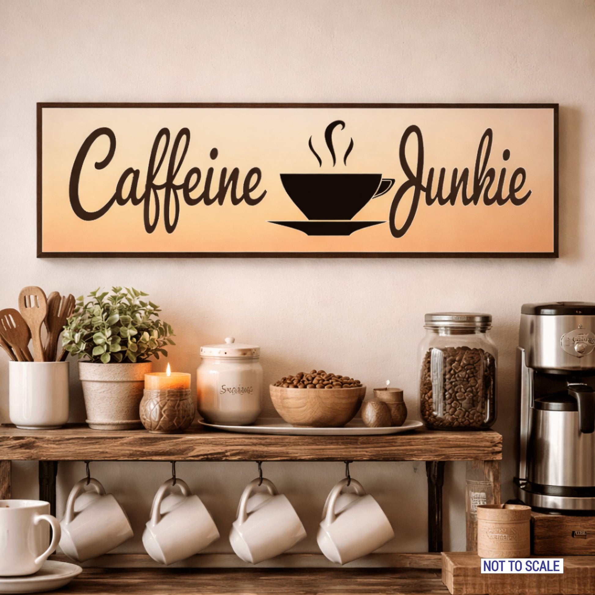 Caffeine Junkie coffee sign displayed above coffee station with mugs and decor