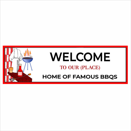 Welcome to Our Place BBQ sign with chef hat and grill illustration on white background