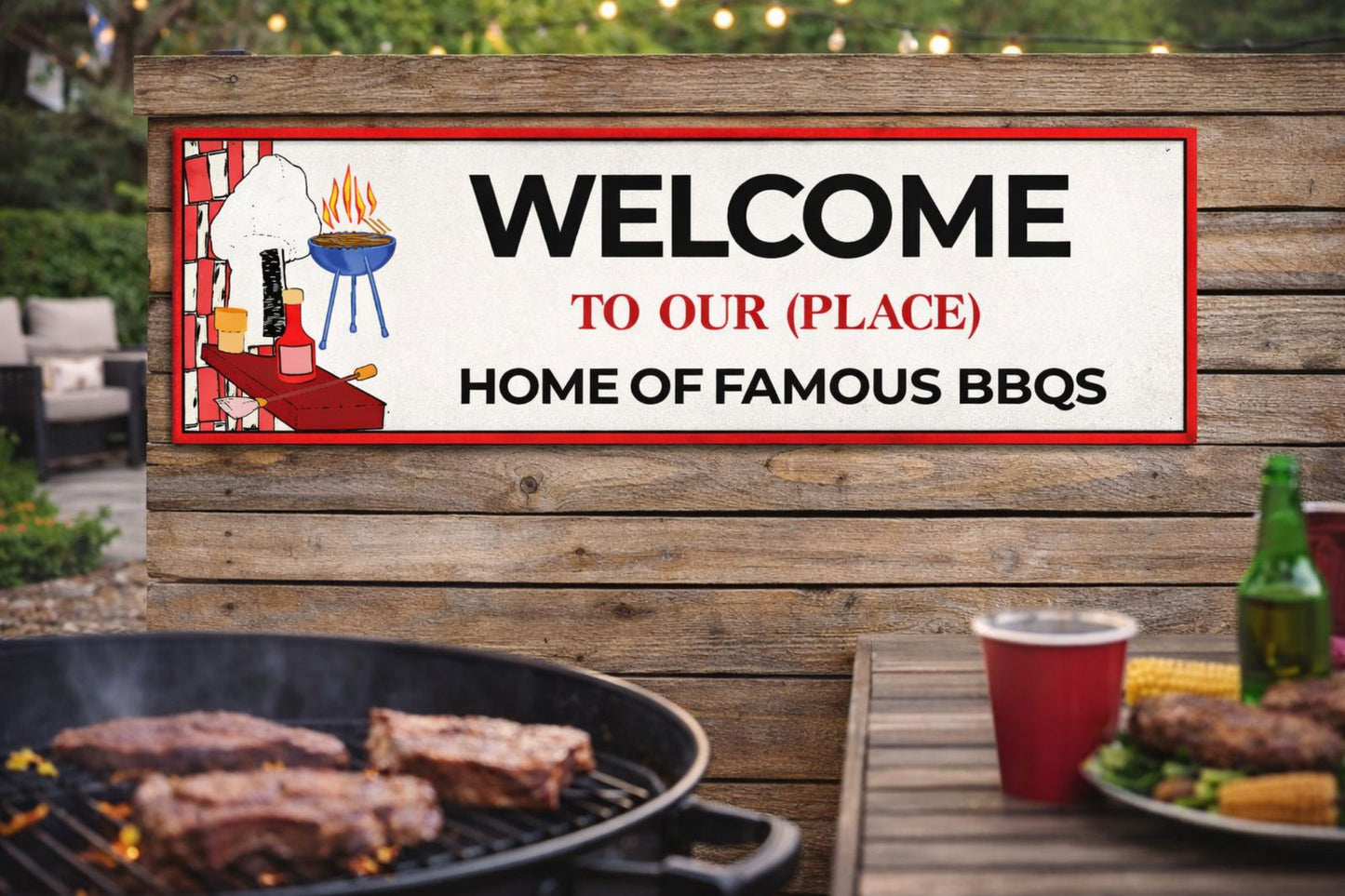 Personalized Welcome to Our Place BBQ sign displayed on outdoor deck above grill
