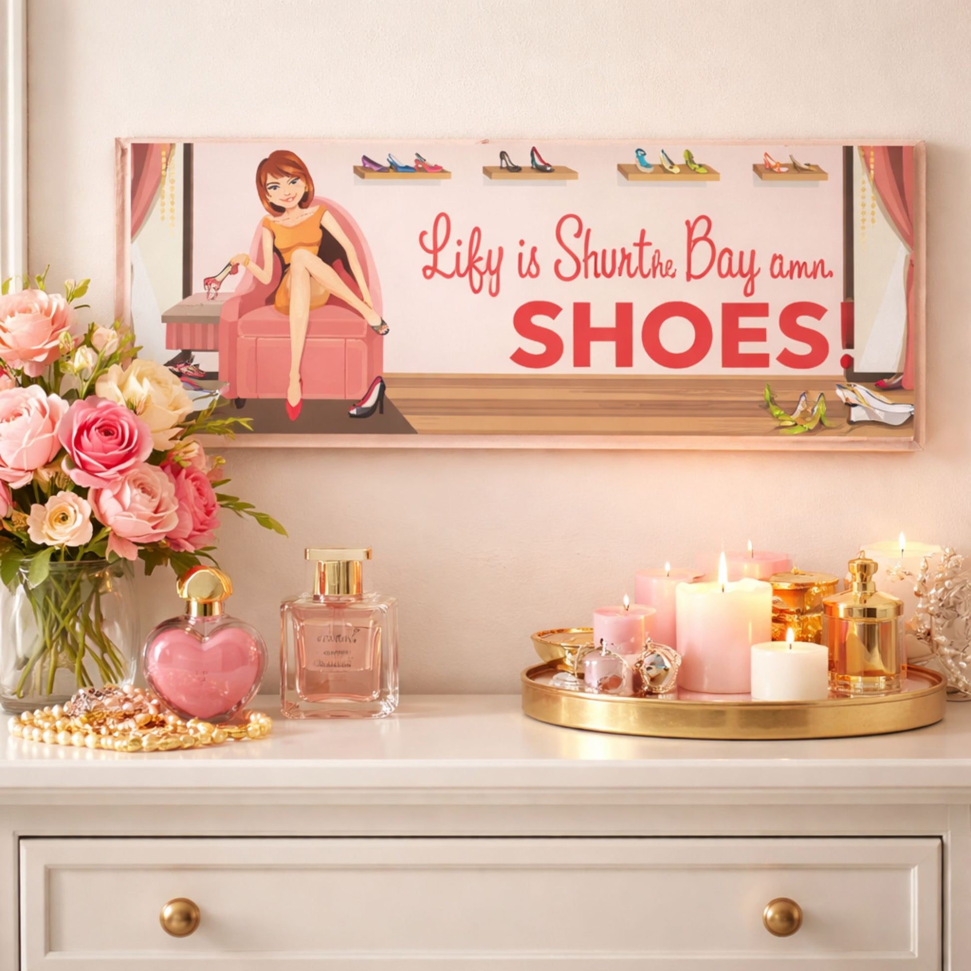 girly dresser vignette with candles flowers and shoes sign mounted above