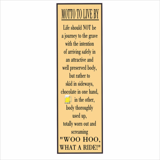 Vertical motto wall sign with humorous quote about living life to the fullest, shown in teal background with drink icon and customizable color options.