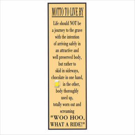 Vertical motto wall sign with humorous quote about living life to the fullest, shown in teal background with drink icon and customizable color options.