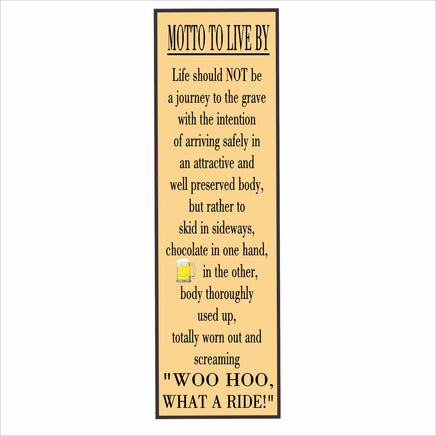 Vertical motto wall sign with humorous quote about living life to the fullest, shown in teal background with drink icon and customizable color options.