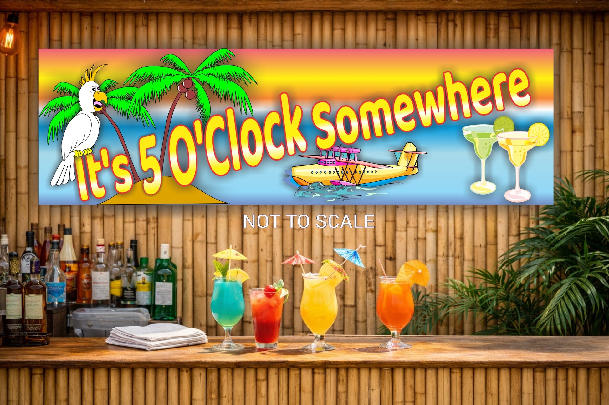 It’s 5 O’Clock Somewhere tropical bar sign sitting on a bar top in a relaxed home bar setting