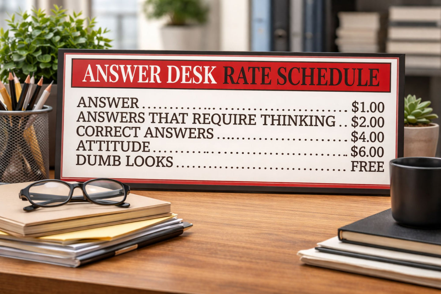 Humorous office rate schedule sign displayed on desk with office accessories