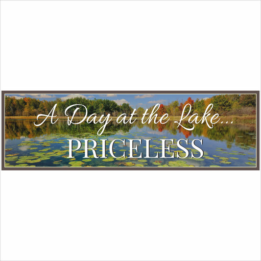 close up of lake sign with fall trees and water reflection narrow horizontal design