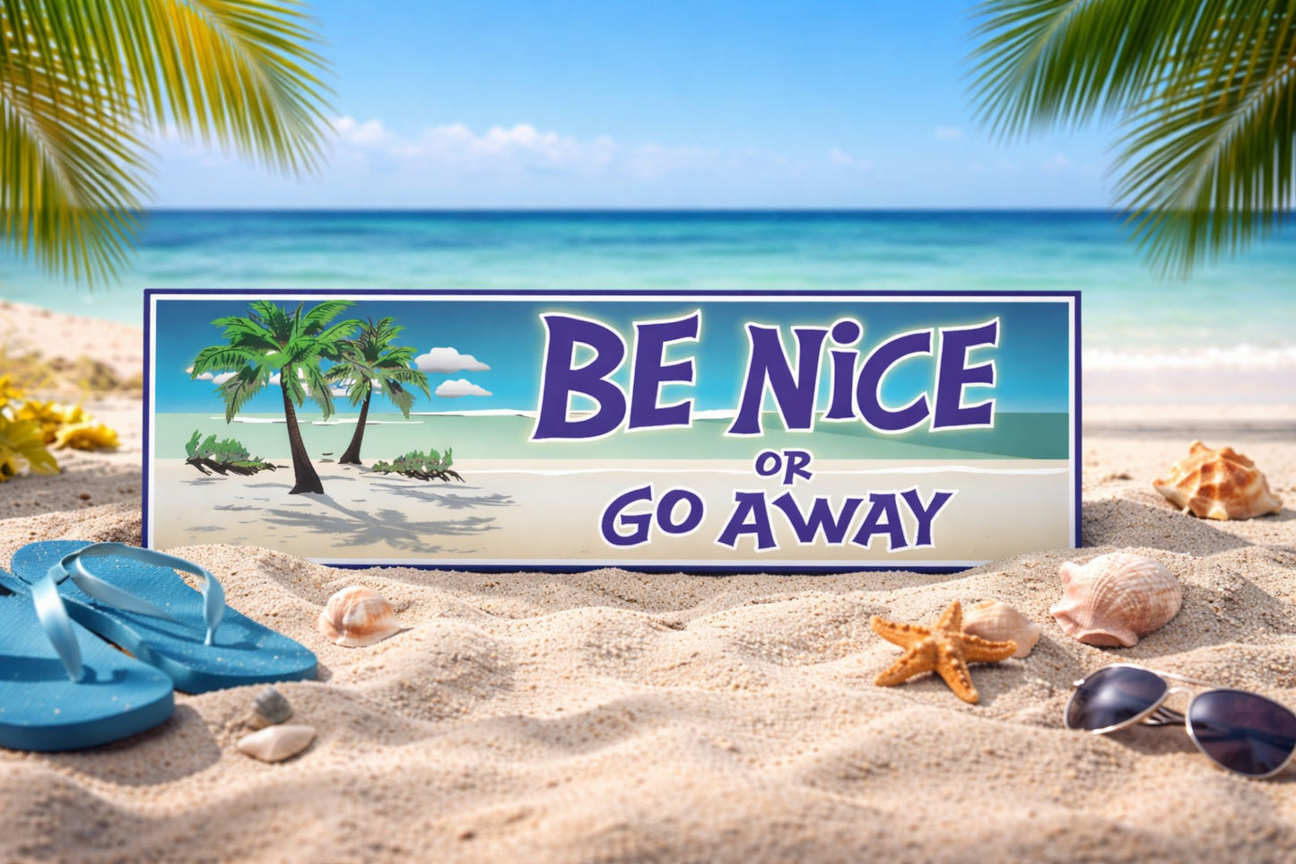 be nice or go away beach humor sign displayed in sand with ocean waves seashells flip flops and tropical beach background