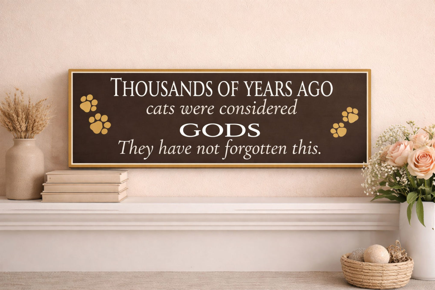 Lifestyle image cat quote sign displayed on shelf with decor