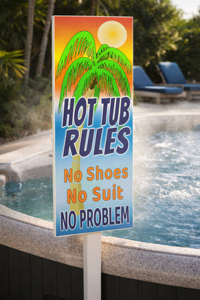 hot tub rules sign displayed beside bubbling spa