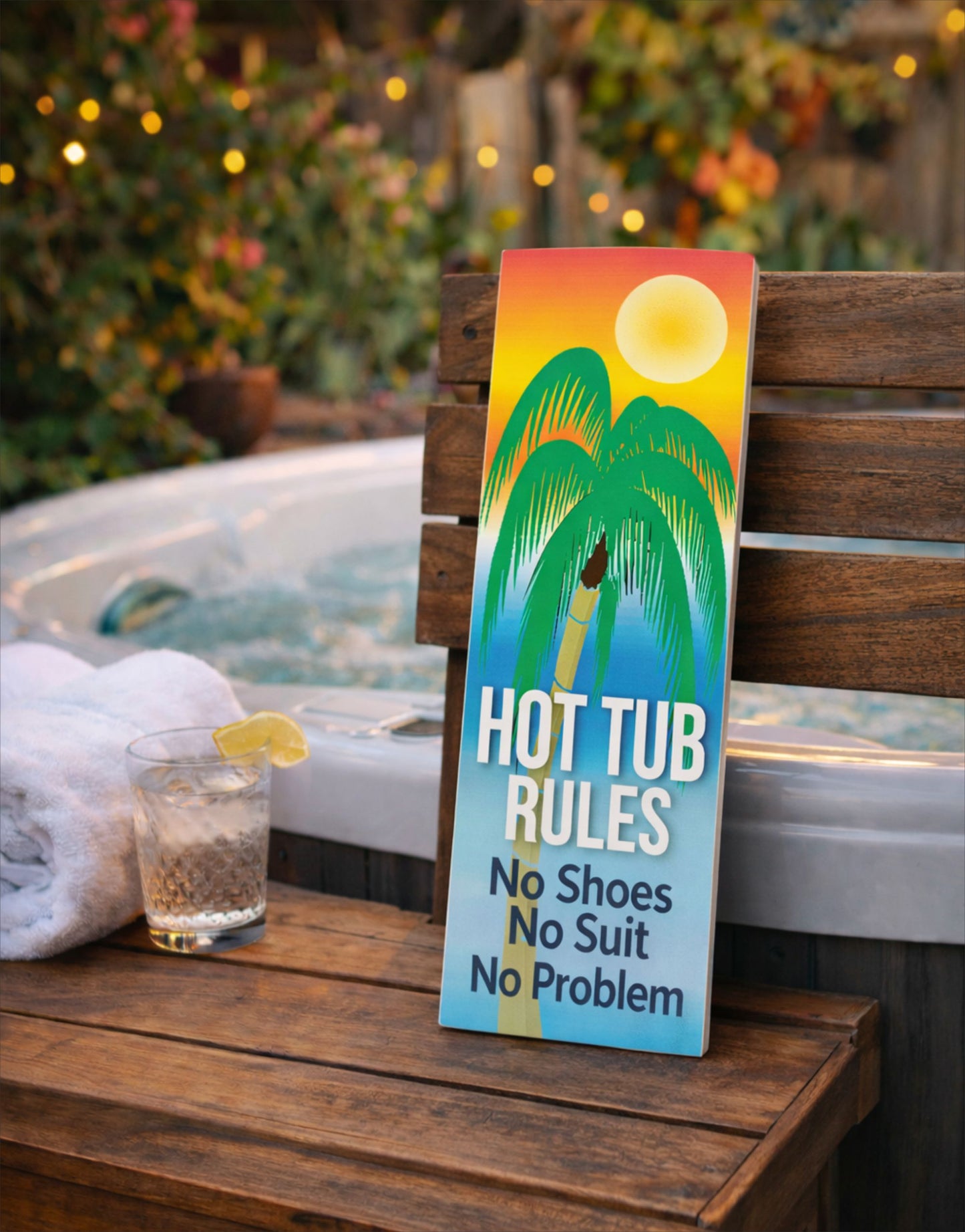 hot tub rules sign displayed on bench beside hot tub with towel and drink