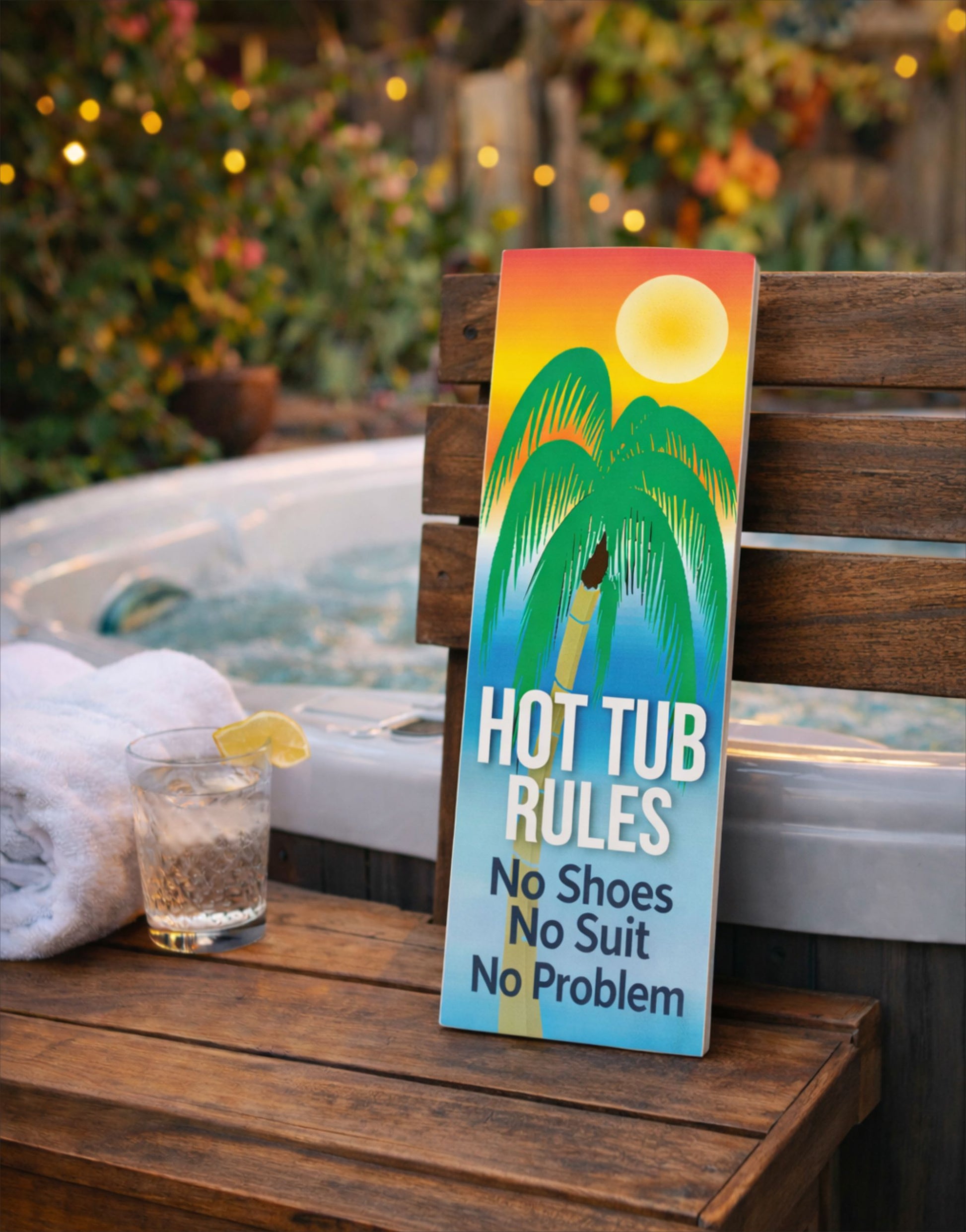 hot tub rules sign displayed on bench beside hot tub with towel and drink