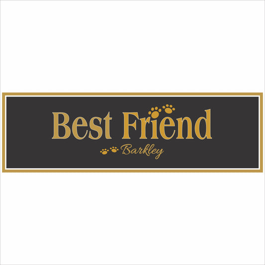 close up of personalized best friend pet sign with gold lettering and paw prints on dark background