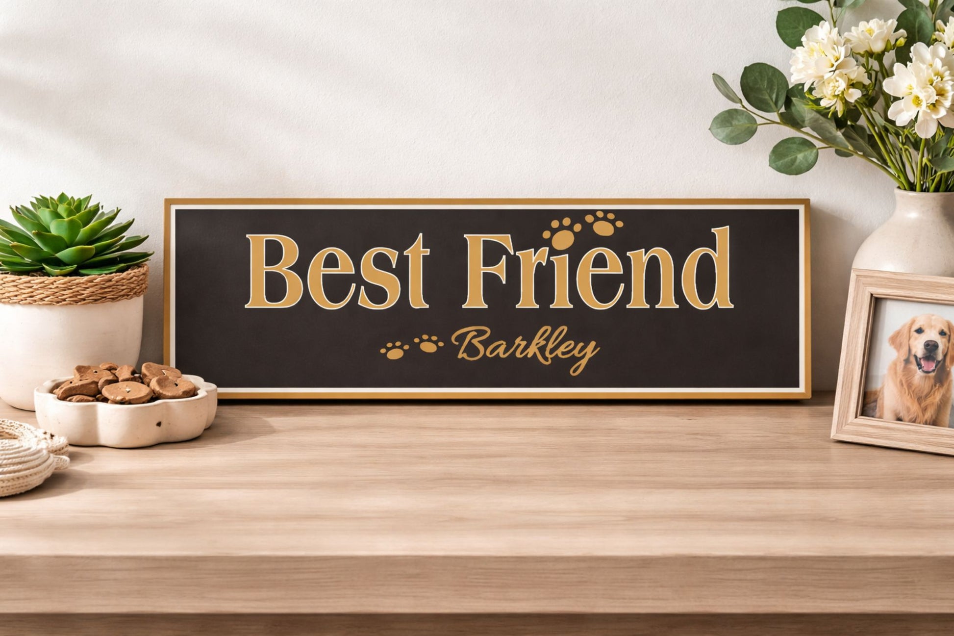 pet name sign displayed on wood tabletop with plant treats and framed dog photo lifestyle setting
