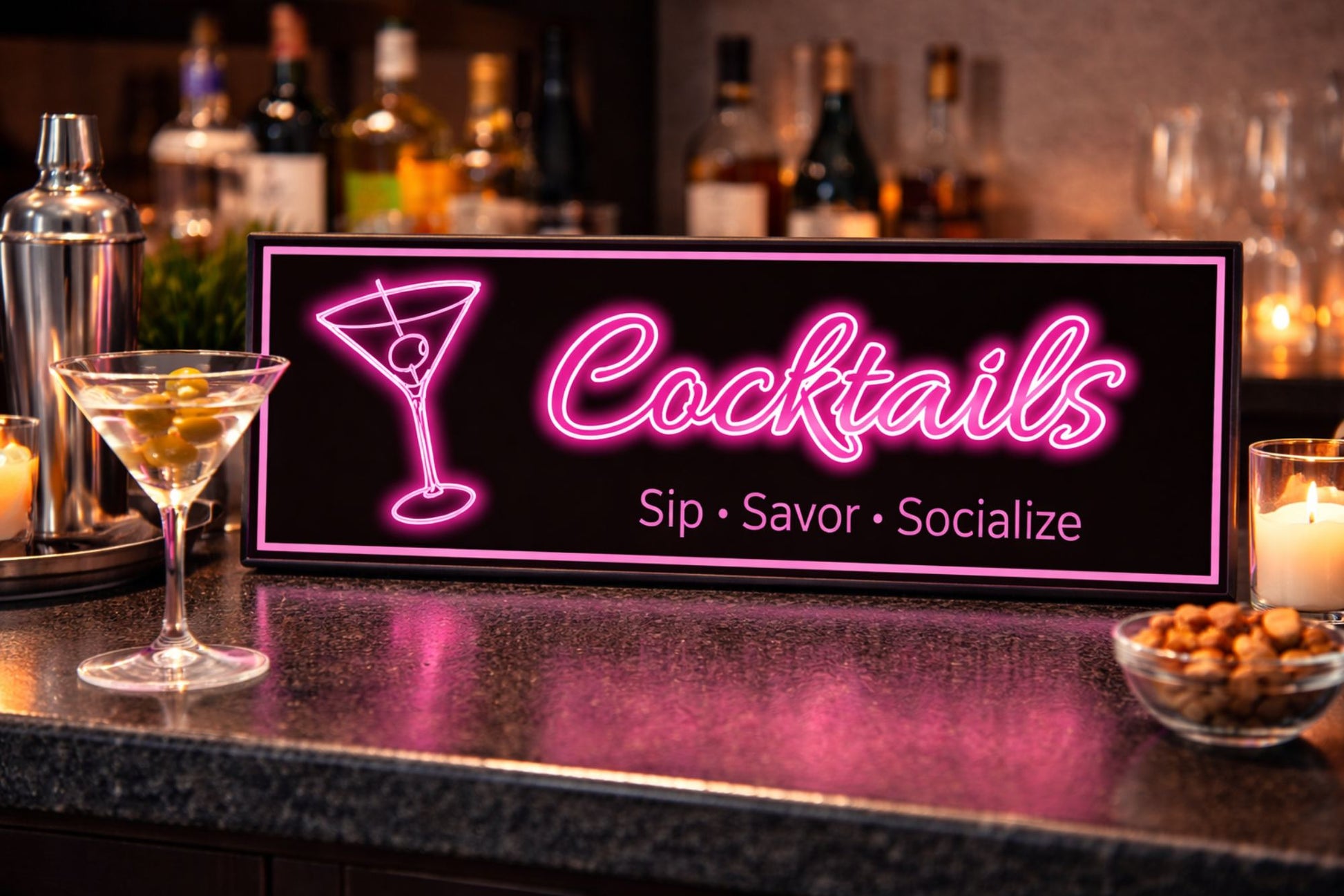 close up of neon style cocktail bar sign sitting on granite bar top with martini glass and liquor bottles in background warm ambient lighting