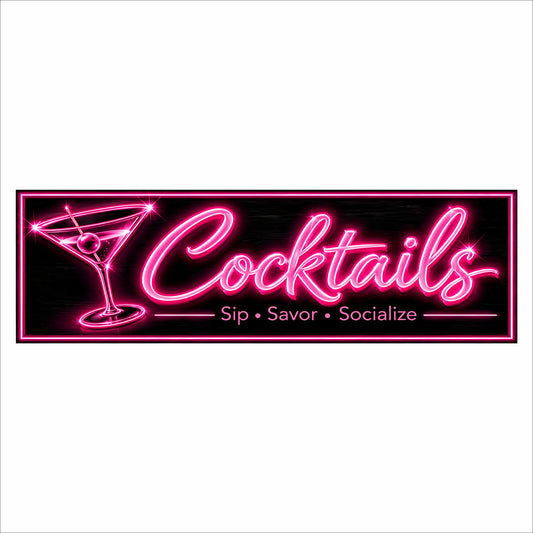 cocktails bar sign with pink neon style artwork printed on black background