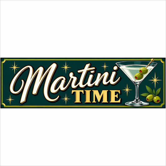 Retro Martini Time cocktail bar sign with dark green background, gold accents, martini glass and olives.