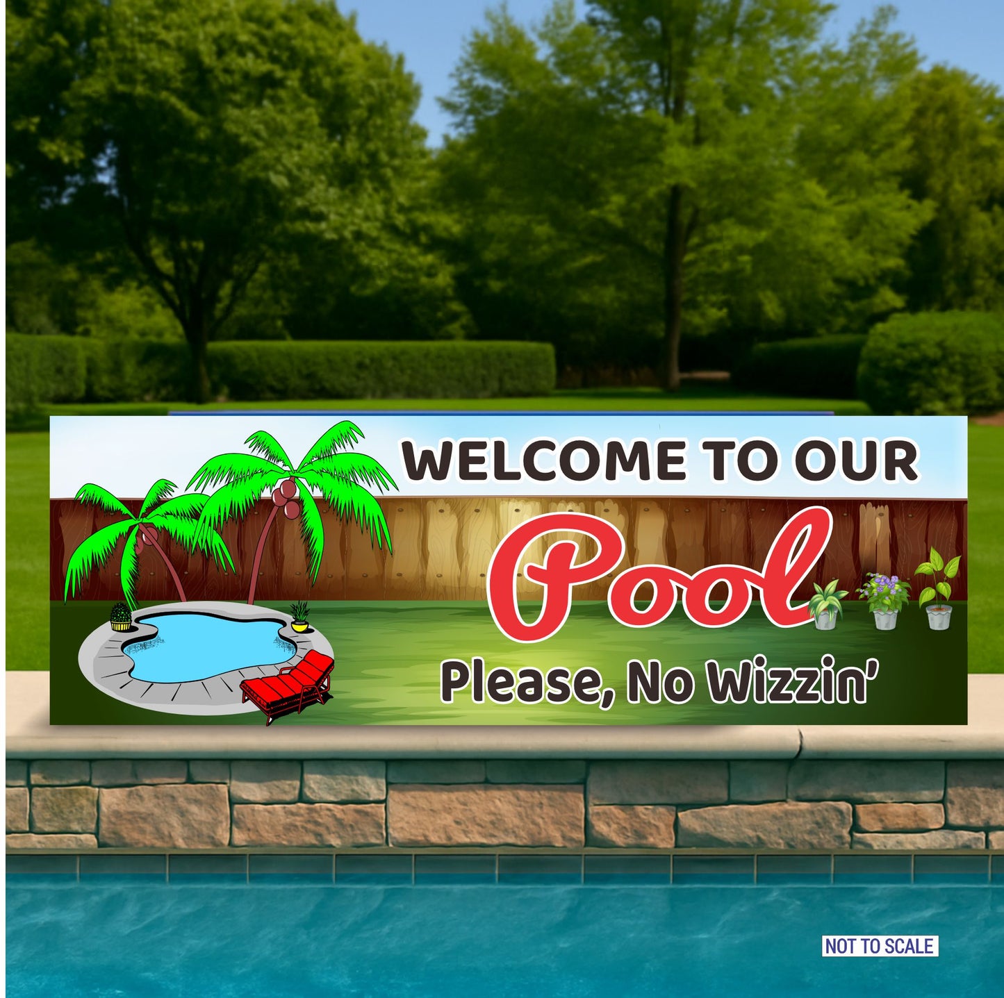 Funny pool sign mounted on backyard pool fence near water and patio seating